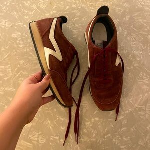 Vintage inspired red burgundy suede sneakers with white embroidery by Rag & Bone